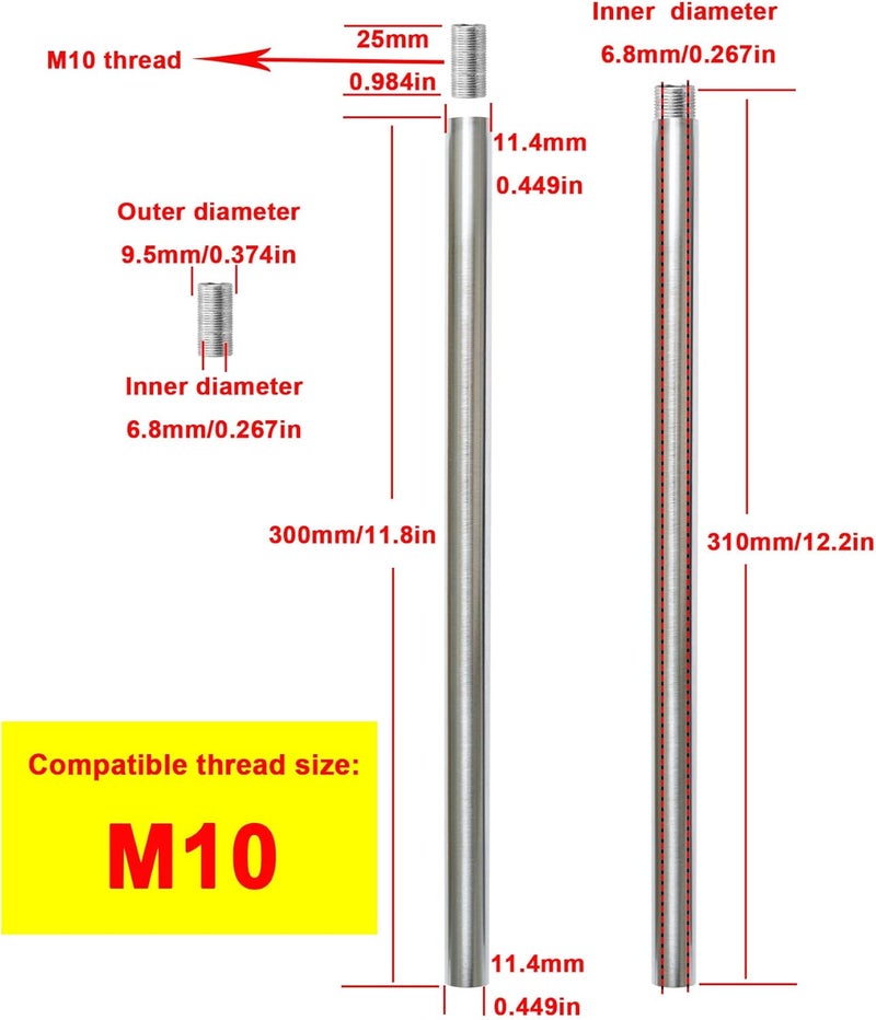 Haligate Brushed Nickel M10 Threaded Extension Rod for Pendant Light, Island Lighting, Chandeliers,lighting fixture downrods & stems,12 Inches - Image 2